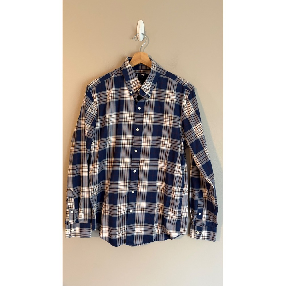 Lands' End Button Down Shirt Mens Medium Blue Plaid Excellent No Iron Twill